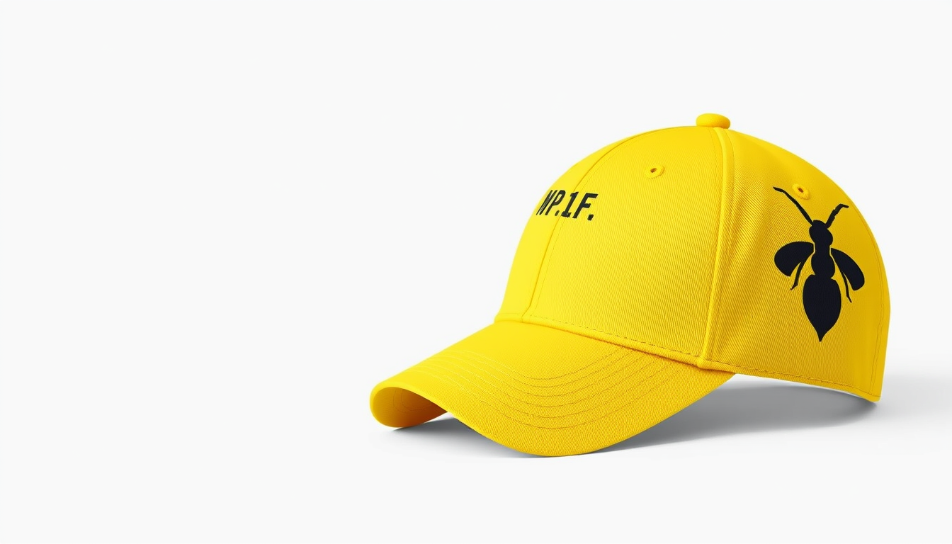 Main art studio: Realistic product mock-up of a bright yellow baseball cap, shown from a three-quarter front-side angle so both the front and side are clearly visible.