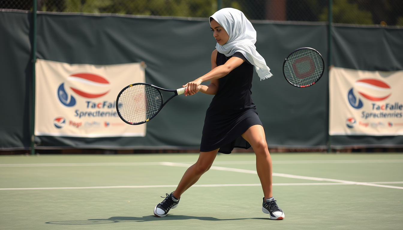 Main art studio: J'aimerais que tu génère une femme musulmane qui pratique du tennis je veux qu'elle soit habillée avec sa une jupe noire mais en ultra courte je veux 