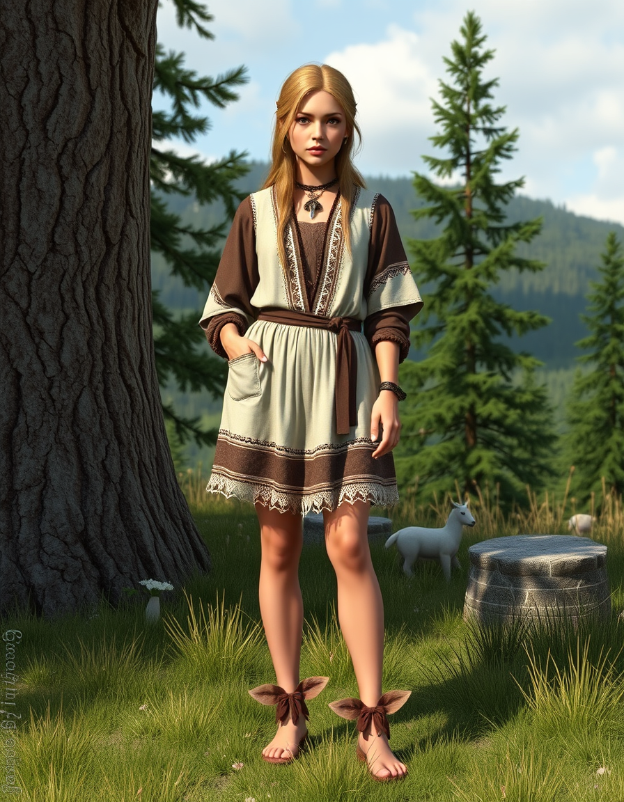 Main art studio: Create a female outfit that combines boho style with Old Slavic aesthetics. The lower part of the outfit should feature either a skirt above the knee 