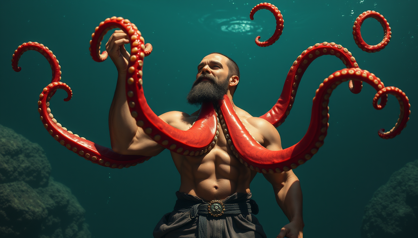 AI Art prompt example created from the prompt: make. an image of an octopus man, he is hot and attractive, his got tentacles or can grow tent les from somewhere in his body, but over all 