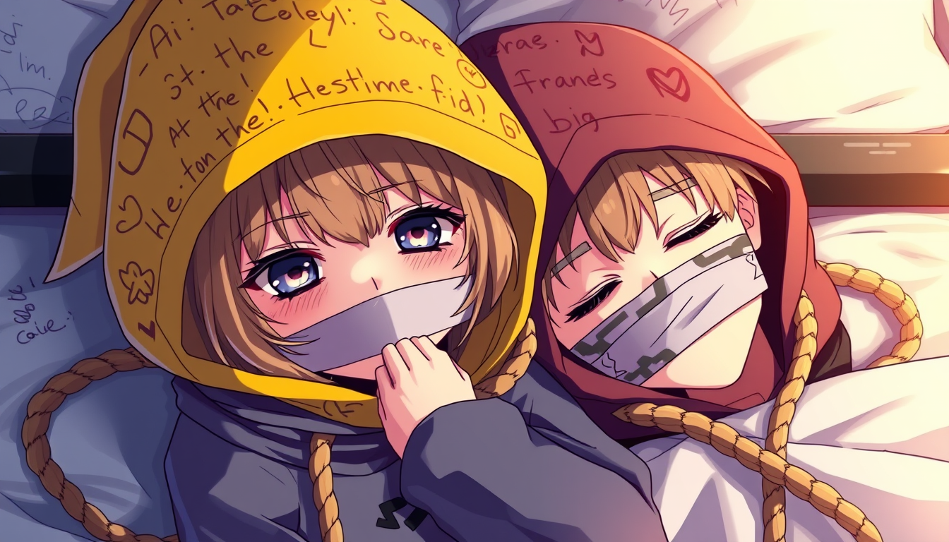 Anime idea: anime style, vibrant colors, expressive eyes, one girl and one boy on a bed with a two hodiees with lots of writing and drawings. and they are hooded,