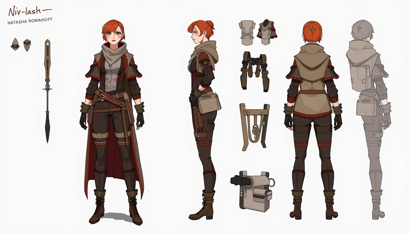 Characters idea: original character design, detailed outfit and accessories, expressive personality, natasha romanoff , character concept art illustration
