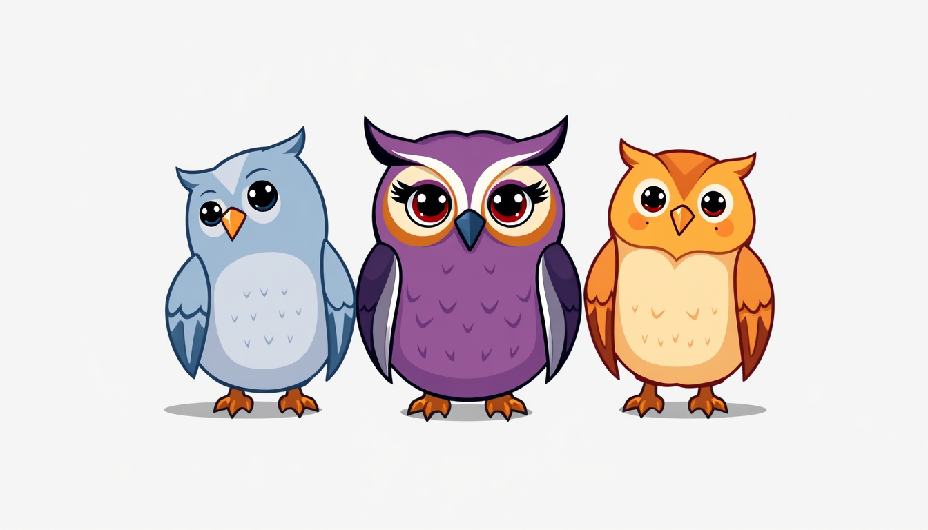 Main art studio: Professional mascot logo for a modern university study app. Exactly three charming owl characters side by side. Left owl is blue-gray, looking slightl