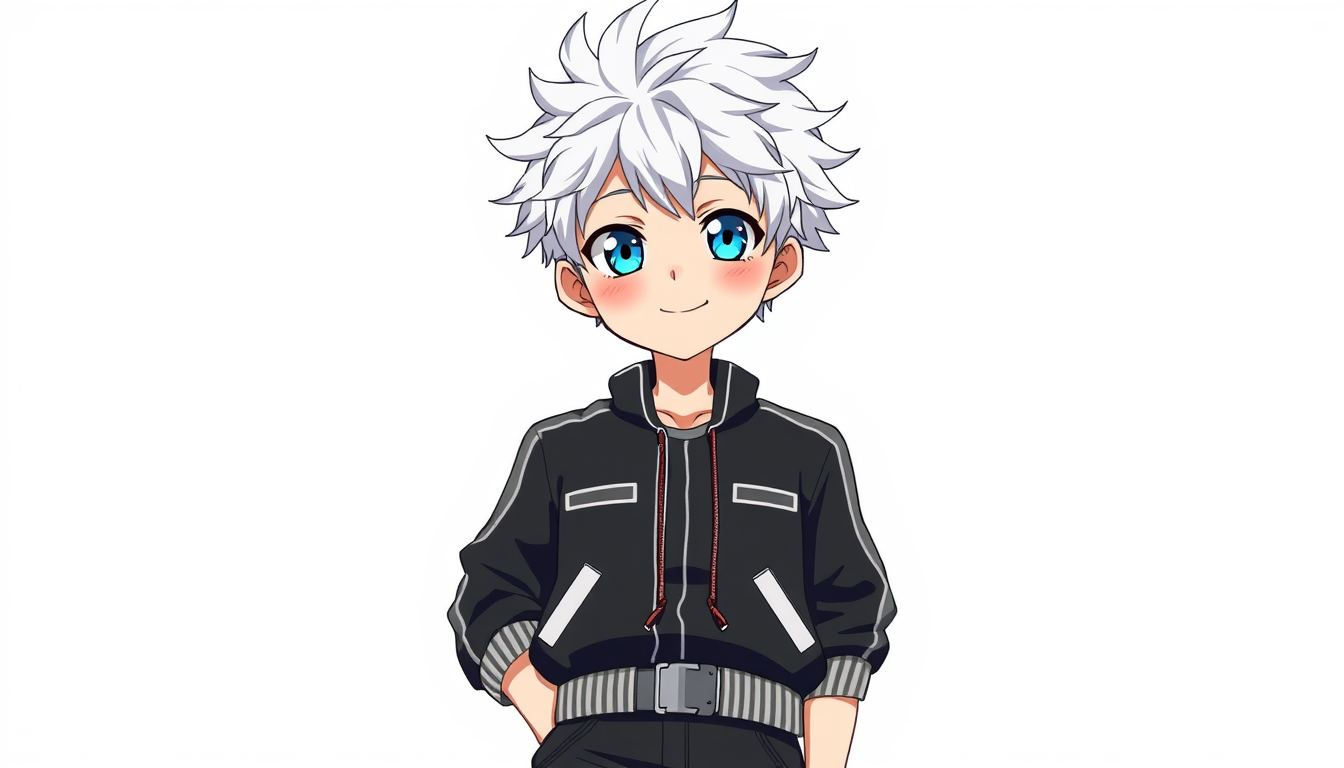 Anime idea: anime style, vibrant colors, expressive eyes, A 16-year-old anime boy with white skin, messy white hair, blue eyes, a kind and friendly face, wearing