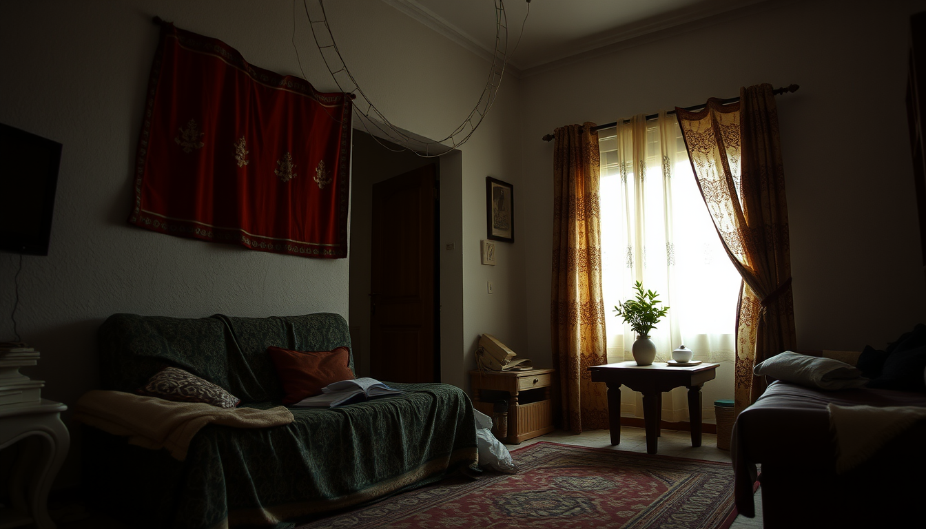 Main art studio: امرأة عراقية شابة في بيت عراقي بسيط، ترتدي ملابس منزلية محتشمة وحجابًا، جالسة وحدها في غرفة صغيرة في الليل، تبكي بهدوء وتمسح دموعها، ملامحها حزينة ومت