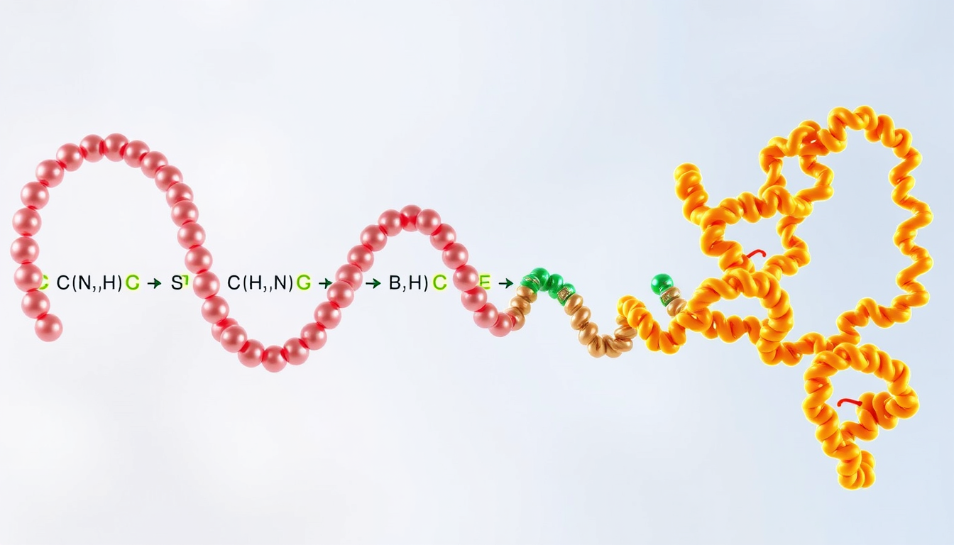 Main art studio: Please generate an image showing a transition of protein sequence like a string of pearls to a protein structure, The point is to show the two common