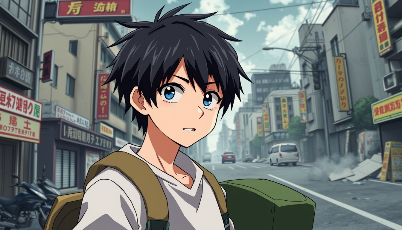 Anime idea created from the prompt: anime style, vibrant colors, expressive eyes, EPISODE 1 — THE POWERLESS SURVIVOR Location: Tokyo, Japan 🇯🇵 Time: Zombie outbreak ke kuch d
