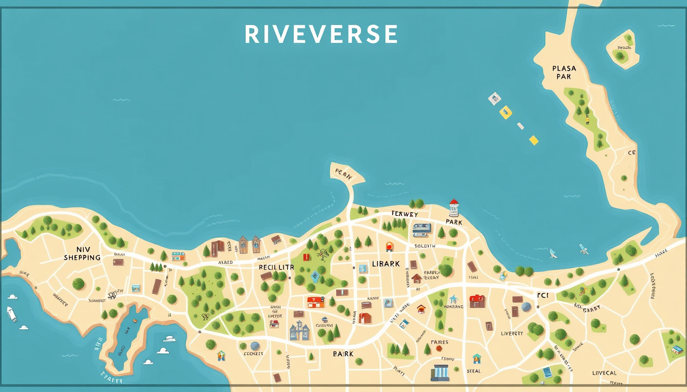 Fantasy Maps idea: a readable fictional world map with coherent coastlines, terrain regions, routes, and landmarks, deliberate composition, RIVERSIDE N↑ H H H PARK H H H