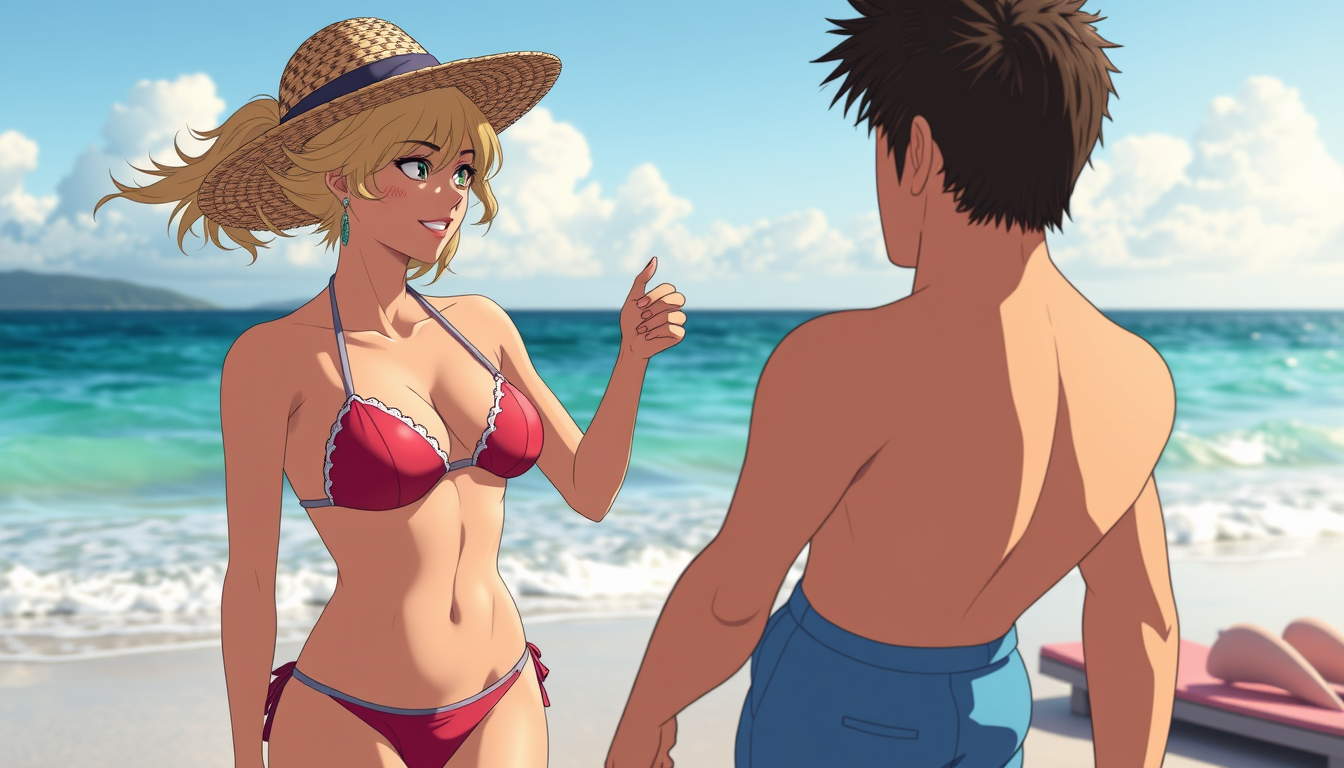 Main art studio: Eine Anime Frau in bikini am Strand und die Frau hat große brüste küsst einen mann