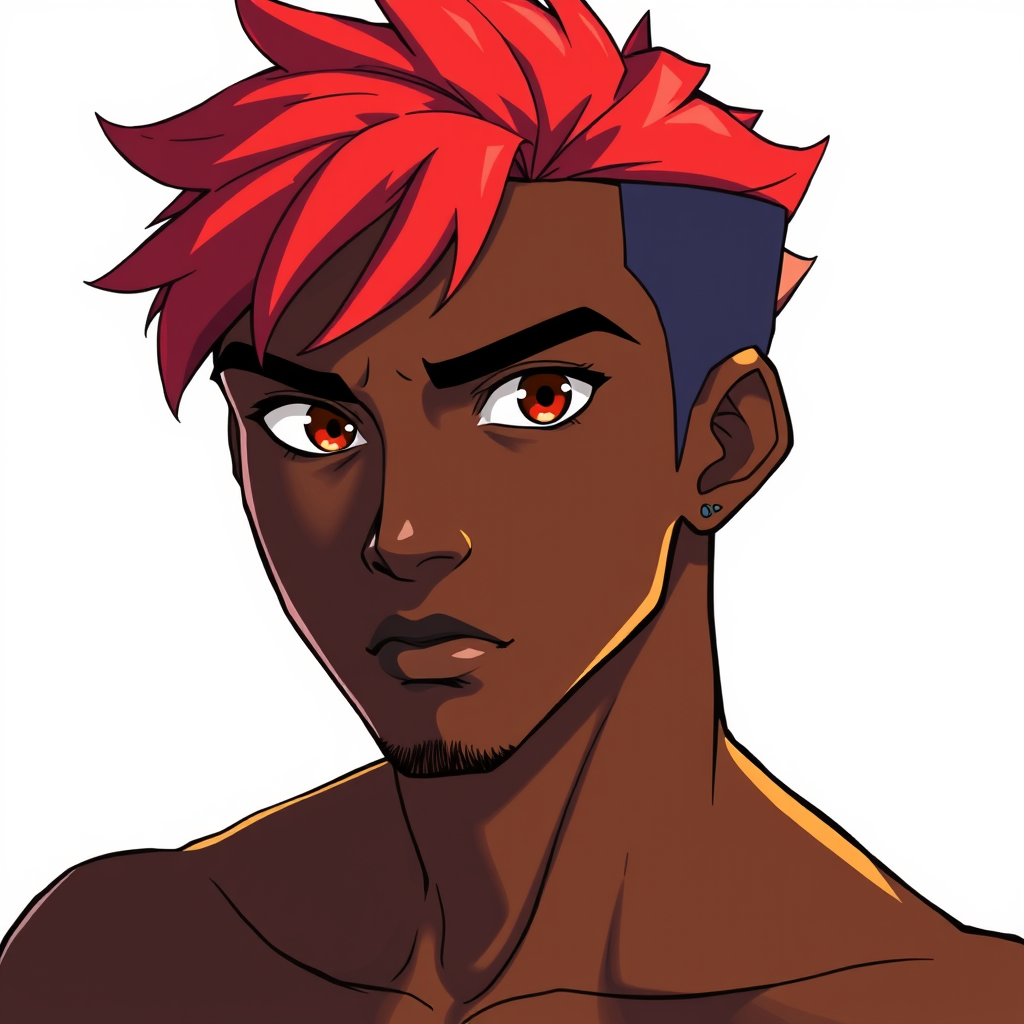 Anime idea created from the prompt: anime style, vibrant colors, expressive eyes, Jeune homme africaine forme bien dessiner cheveux rouge yeux marrons visage en forme rectangul