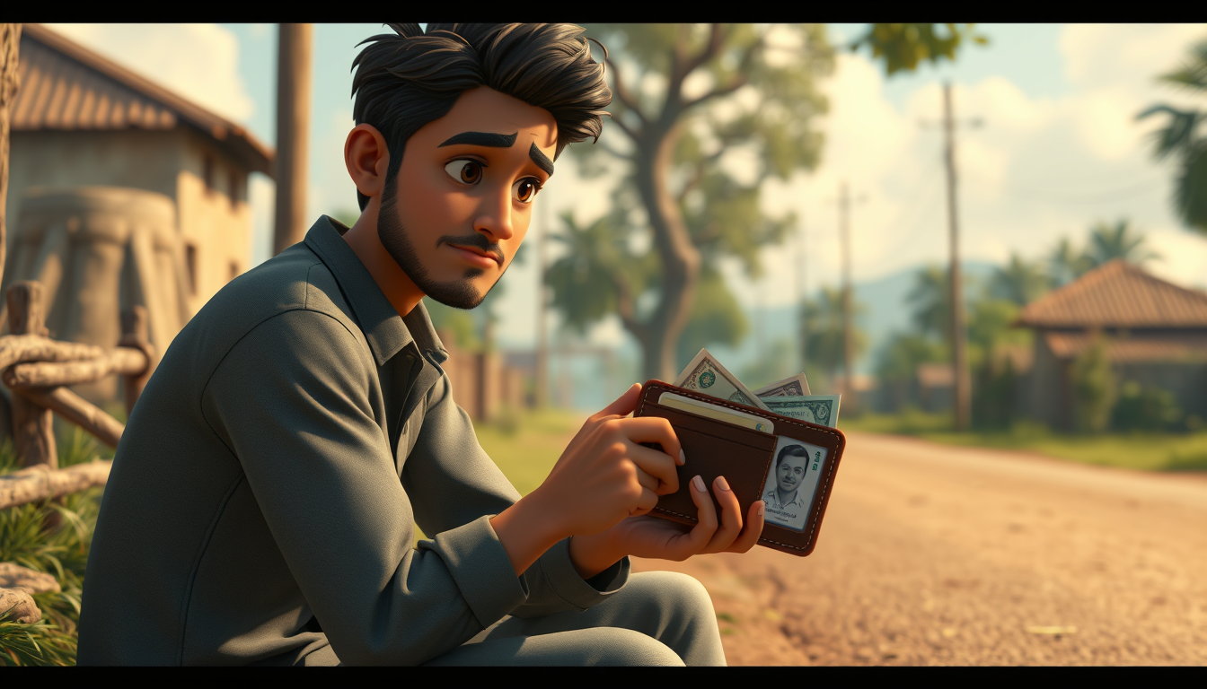 Main art studio: Arif sitting beside the village road, opening the brown wallet and seeing money and an identification card inside, thoughtful and honest expression, h
