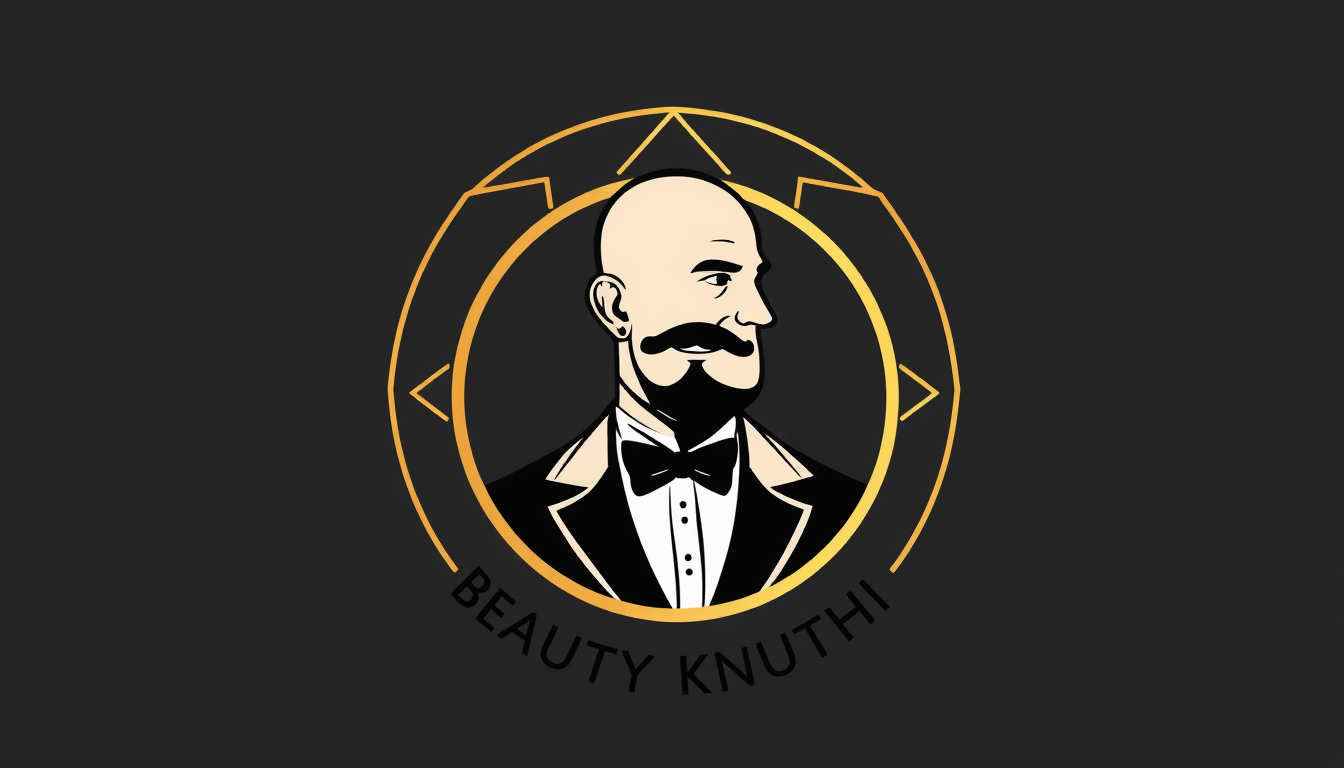 Main art studio: A circular luxury emblem logo for a beauty salon called "Beauty Knuthi". Inside a gold geometric circle is a stylized black silhouette of a man with a