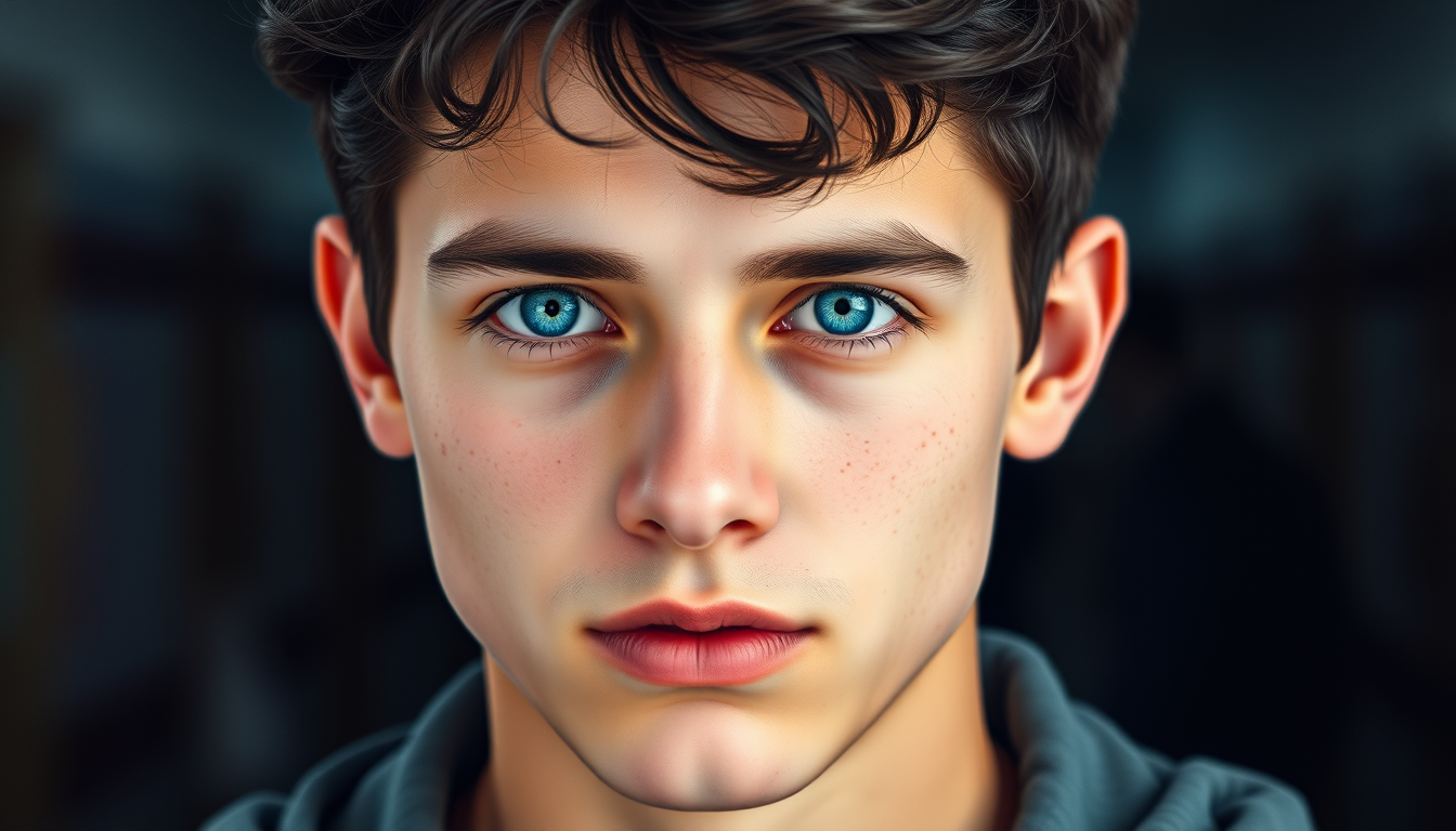 Main art studio: A handsome 19-year-old male student named Noah, black hair, bright blue eyes, kind and protective expression, realistic cinematic photography style, s