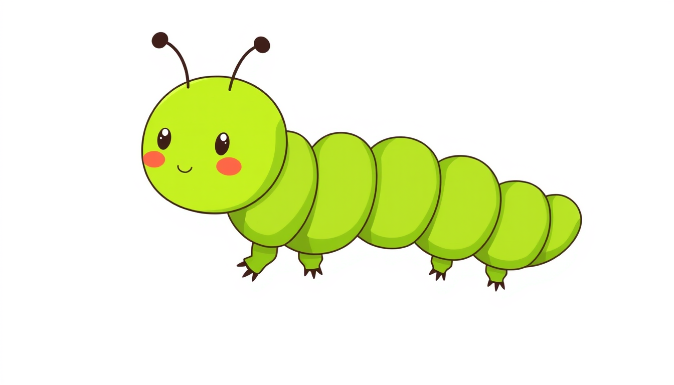 Main art studio: children' book illustration: a beautiful neutral green caterpillar, front-facing. Isolated single Illustration, transparent background, no decoration,