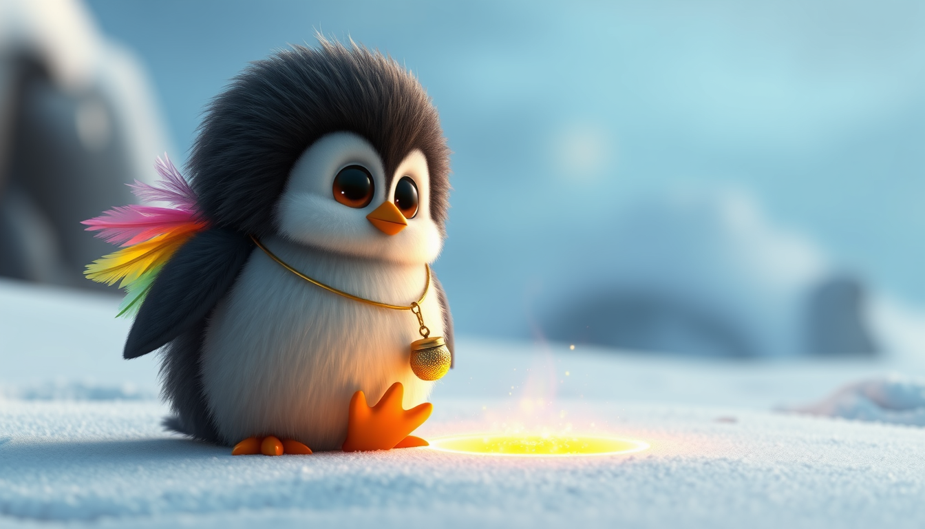 Main art studio: Pingo — Short Prompt 35-sec cinematic 3D family animation. Pingo is a tiny fluffy baby penguin with dark-gray fur, white belly, huge dark eyes, orange