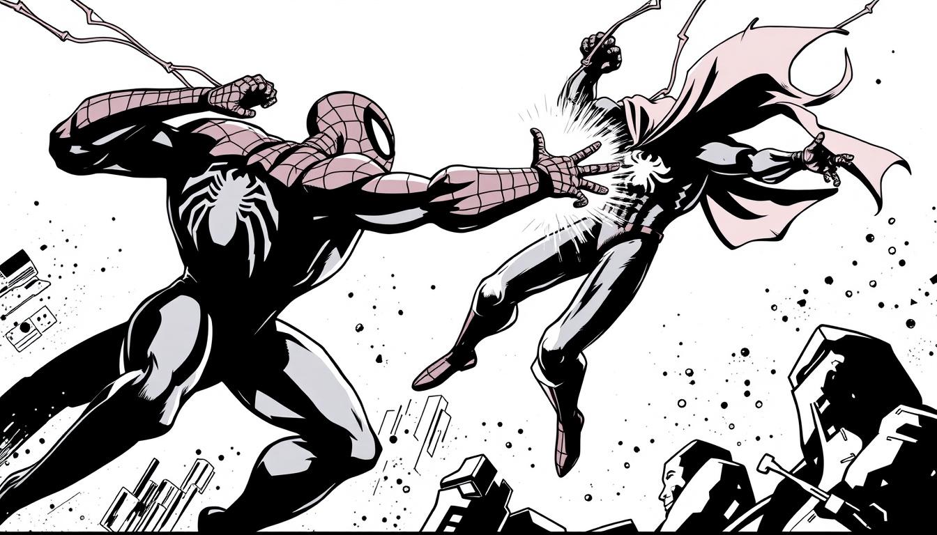 Comic Book idea: comic book style, bold lines, halftone dots, Two spider man like hero's fighting another charcter who's in the sky fighting , Marvel/DC style illustra