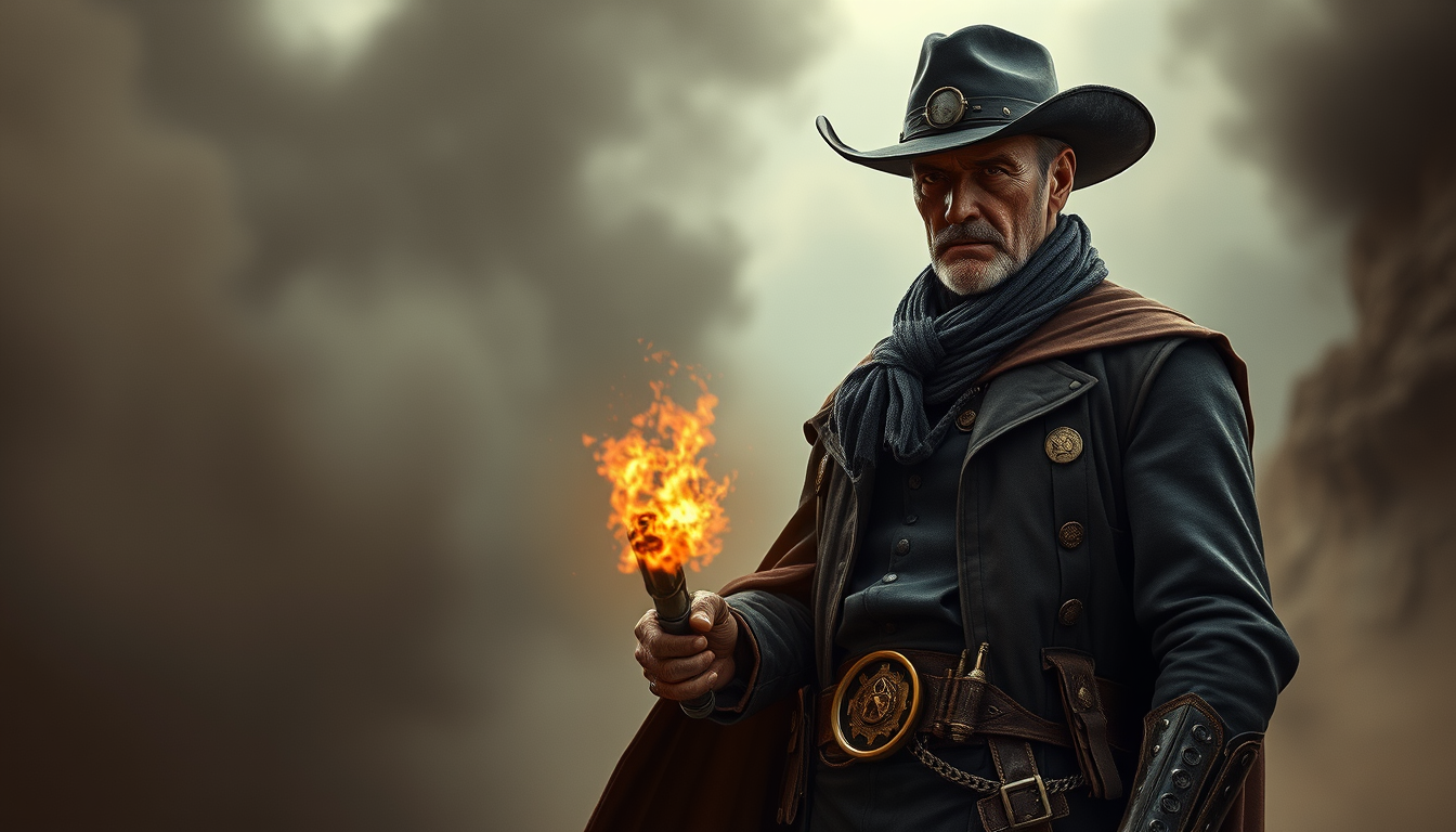 Main art studio: Generami l'immagine di un cowboy e meccanico per un personaggio TTRPG, il vestiario dovrebbe essere il classico da cowboy interpretato da Clint Eastwo