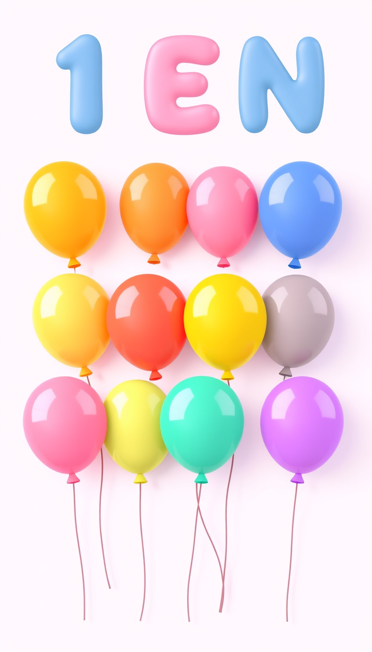 AI Art prompt example created from the prompt: Create a cute preschool educational illustration showing TEN colorful balloons. Arrange the ten balloons in two neat rows of five, with clea