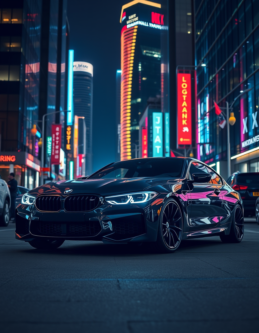 Main art studio: ein cooles bild mit neon effekten und ein schwarzer bmw in einer gross stadt