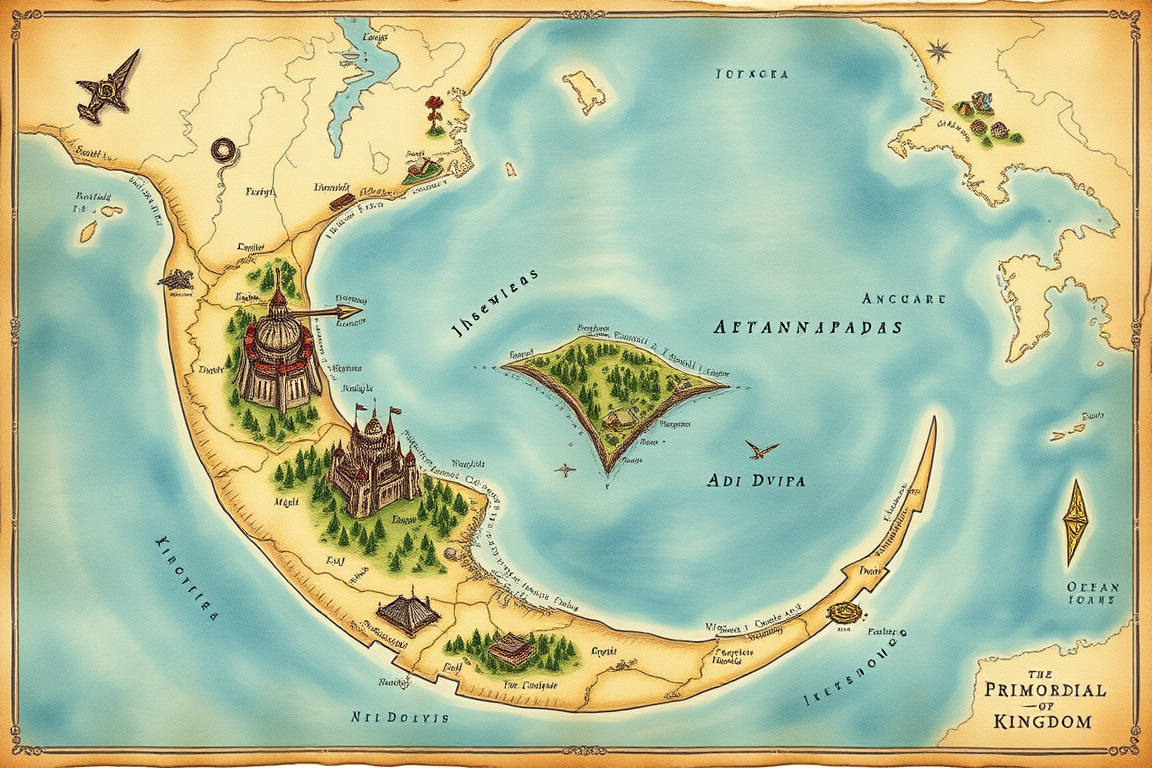 Fantasy Maps idea: a readable fictional world map with coherent coastlines, terrain regions, routes, and landmarks, deliberate composition, Fantasy world map for THE PRI