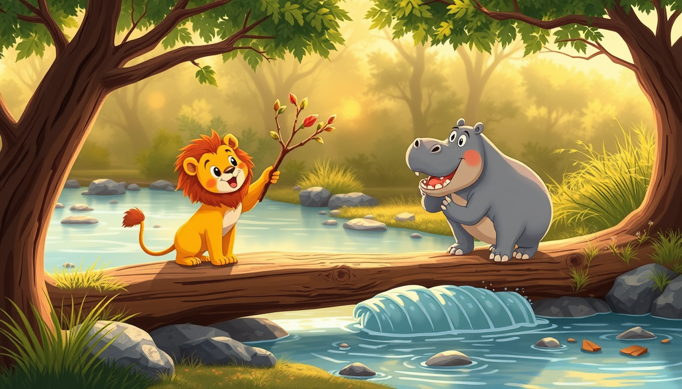 Main art studio: Illustration d’un livre pour enfants : le même lion gentil à la crinière dorée et le même hippopotame gris réussissent presque à réparer le petit pont