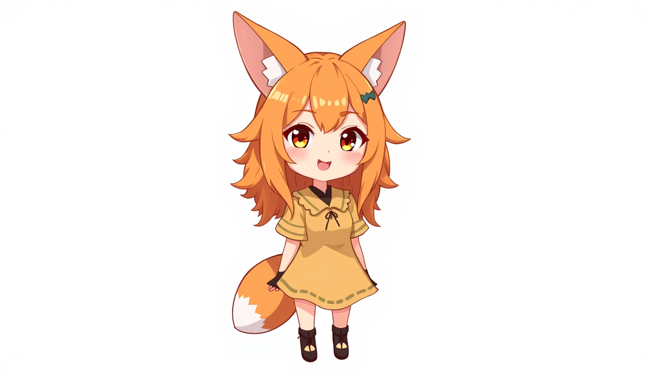 VTuber idea: vtuber avatar character, anime style, expressive face, streaming-ready design, a fox girl with ginger hair and ears and a fox tail with a fox dress on