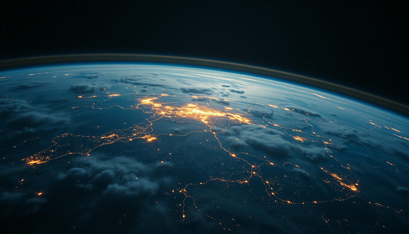 Main art studio: A breathtaking cinematic view of planet Earth from space at night, glowing city lights across continents, dramatic atmosphere, stars in the background