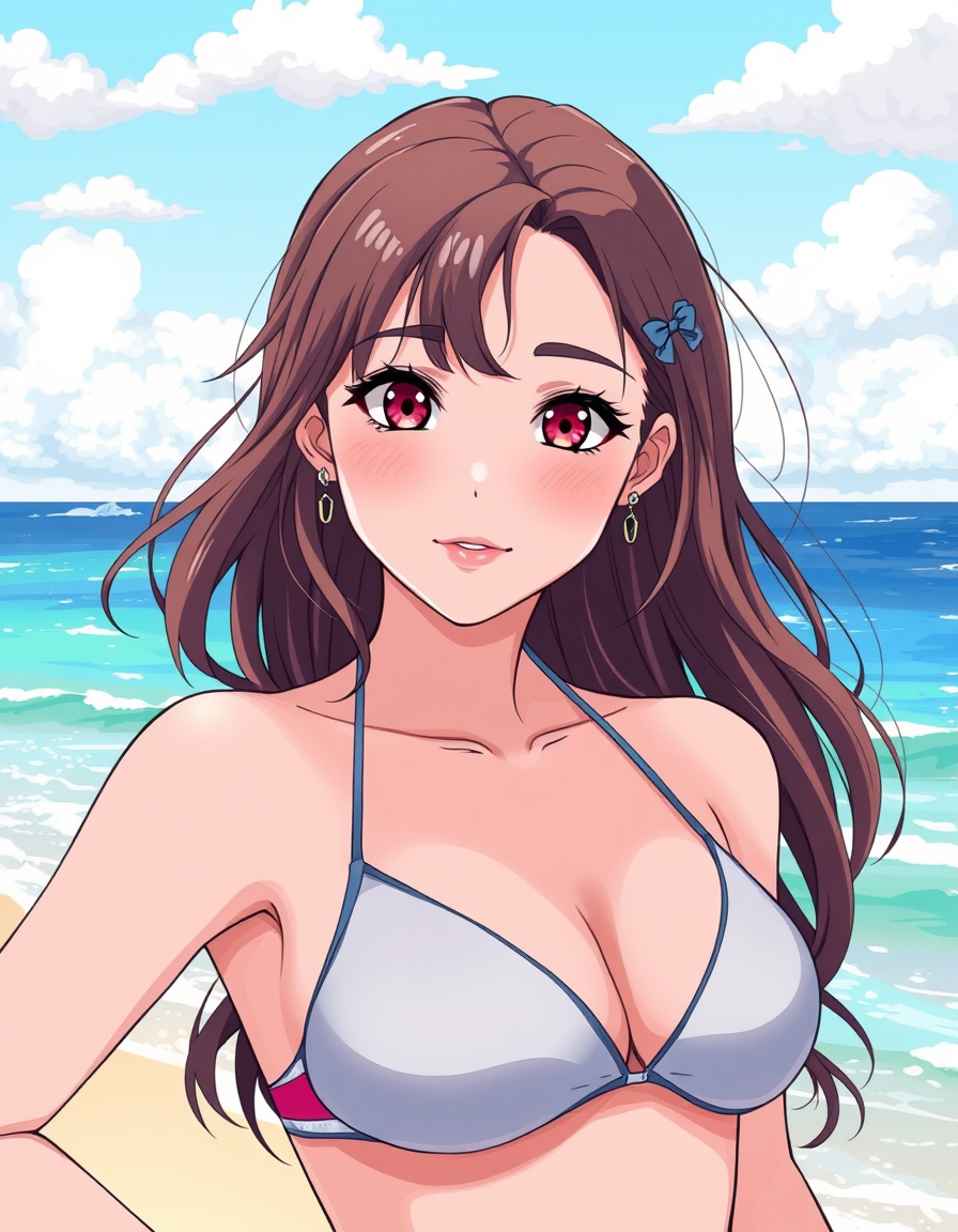 Photo To Anime idea: anime style portrait from the photo, cel shading, vibrant anime colors, expressive eyes, A female college student with a huge bust is wearing a bikini