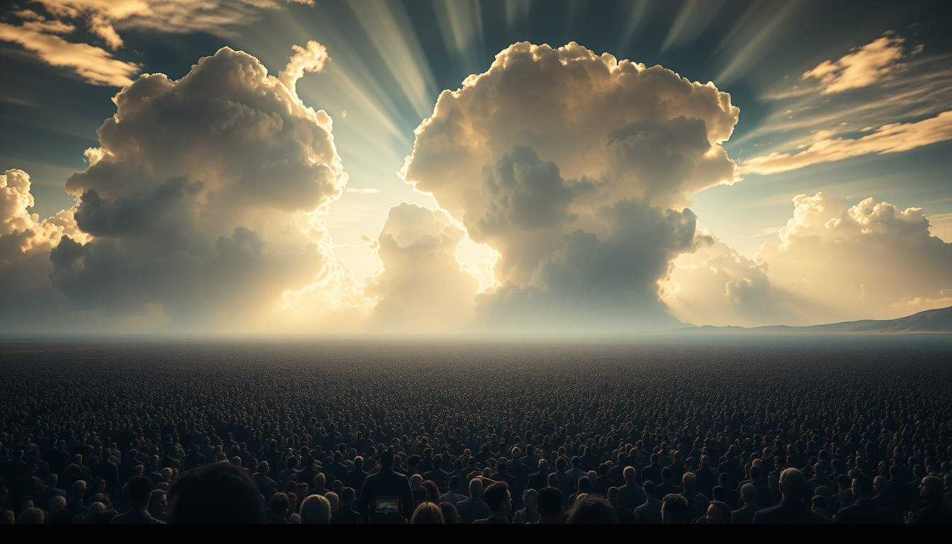 Main art studio: Epic Day of Judgment scene viewed from a high angle, revealing an enormous crowd covering a limitless barren landscape. In the background, giant cloud