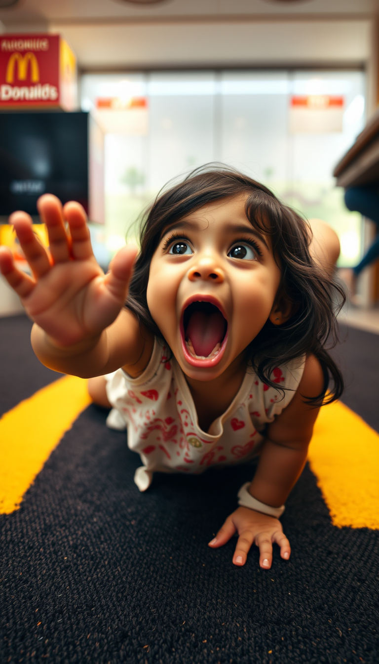 Main art studio: little indian girl on mcdonalds carpet with mouth open wide reaching up, angle from above girl