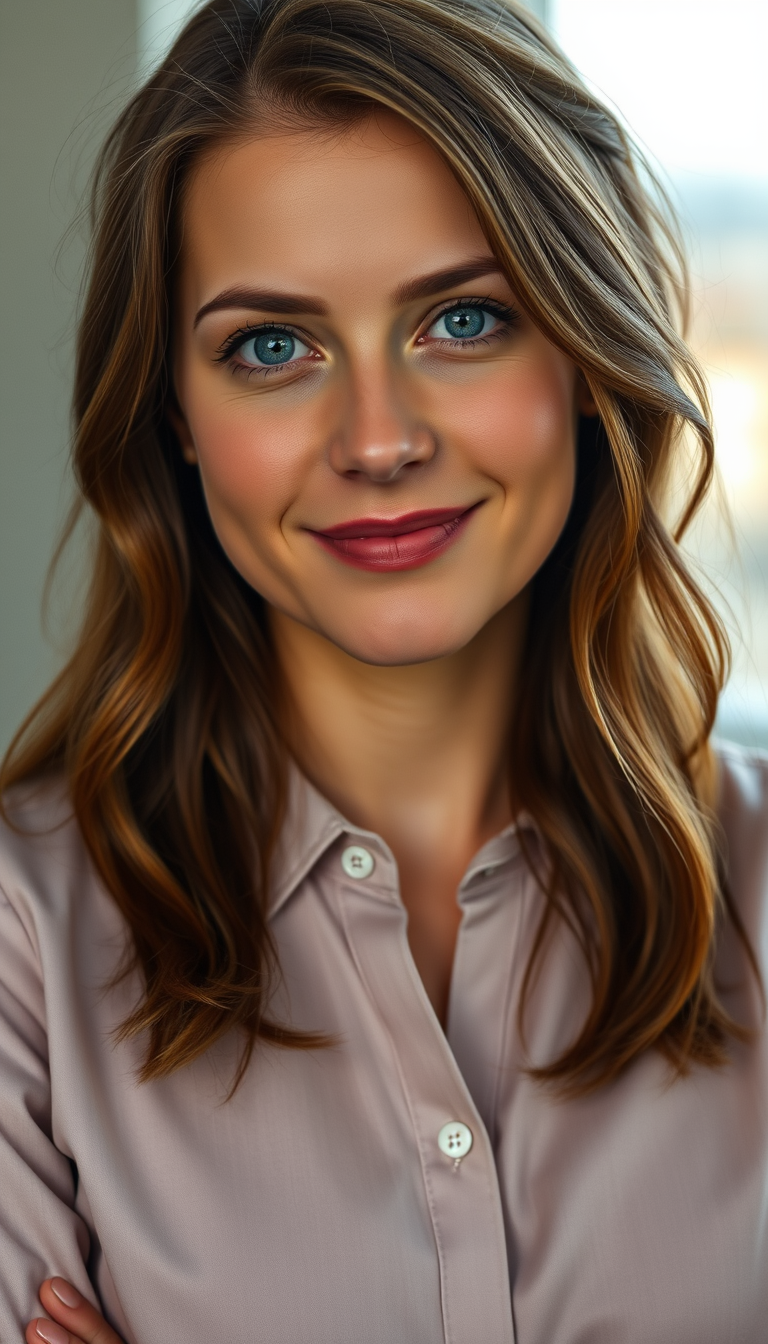 AI Art prompt example created from the prompt: Photorealistic casting portrait of Lana Harold, a fictional 26-year-old history teacher. Chestnut-brown long hair, warm blue eyes, expressiv