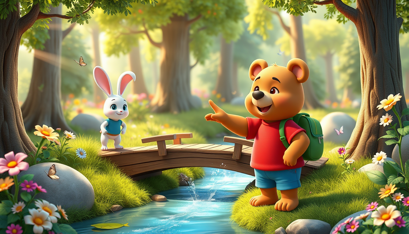 Main art studio: 3D animated children's cartoon. Bruno, a cute brown bear wearing a red T-shirt, blue shorts, and green backpack, stands with Benny, a small white rabb