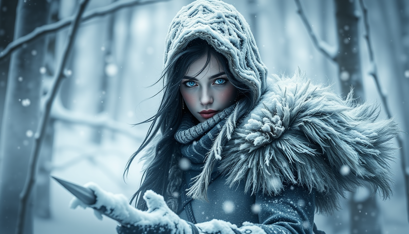 Main art studio: erstelle mir ein bild wie ein woodwalkers cover nur soll da snowwalkers stehen und ein mädchen mit halblangen schwarzen haaren blauen augen und sie so