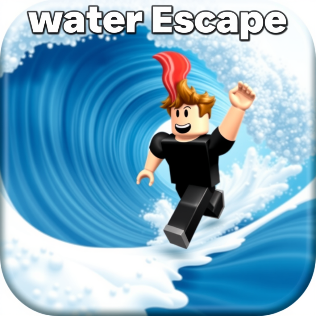 Main art studio: It's a icon for a Roblox game it has to be water themed with a text in the top that says water escape with a bacon avatar with a black t-shirt and bla