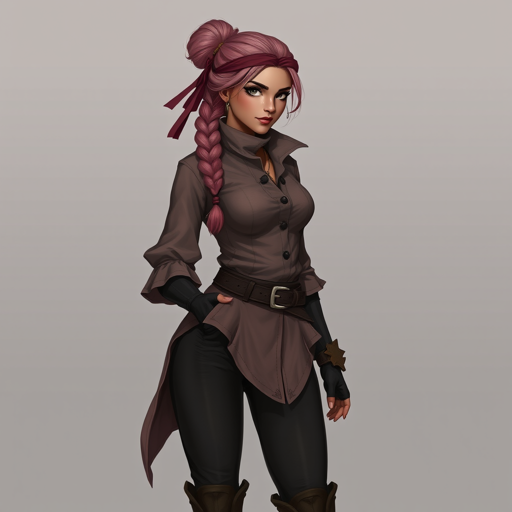Main art studio: Fantasy concept art style, Adult woman thief, dusty pink braided bun hair, tanned skin, vinok inspired headband with ribbons, dark pants and also with