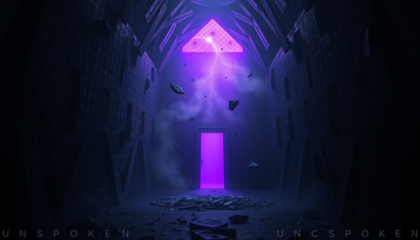 AI Art prompt example created from the prompt: Surreal cinematic YouTube banner for “Unspoken”, mysterious hidden world, enormous dark walls covered with subtle symbols and strange doors,