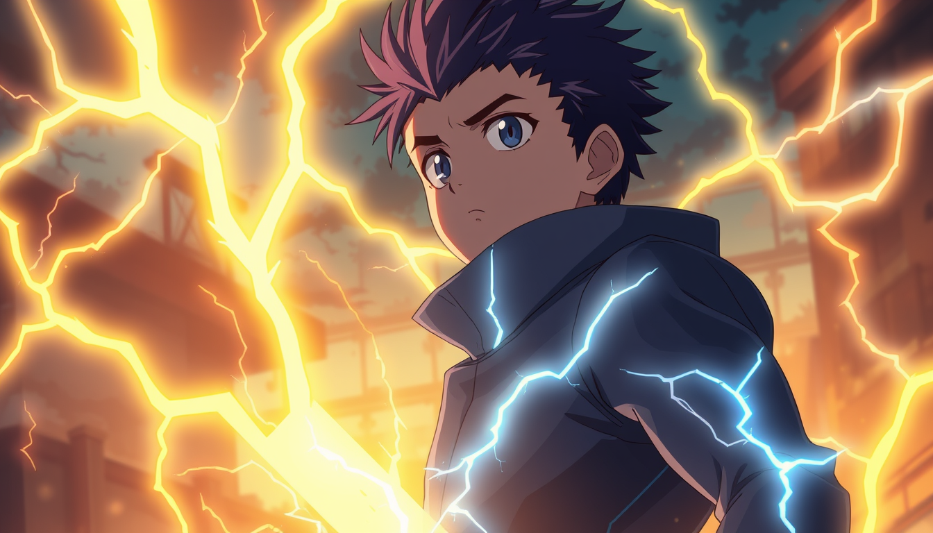 Anime idea: anime style, vibrant colors, expressive eyes, Create an epic anime story about a teenage boy who discovers powerful lightning abilities during a dange