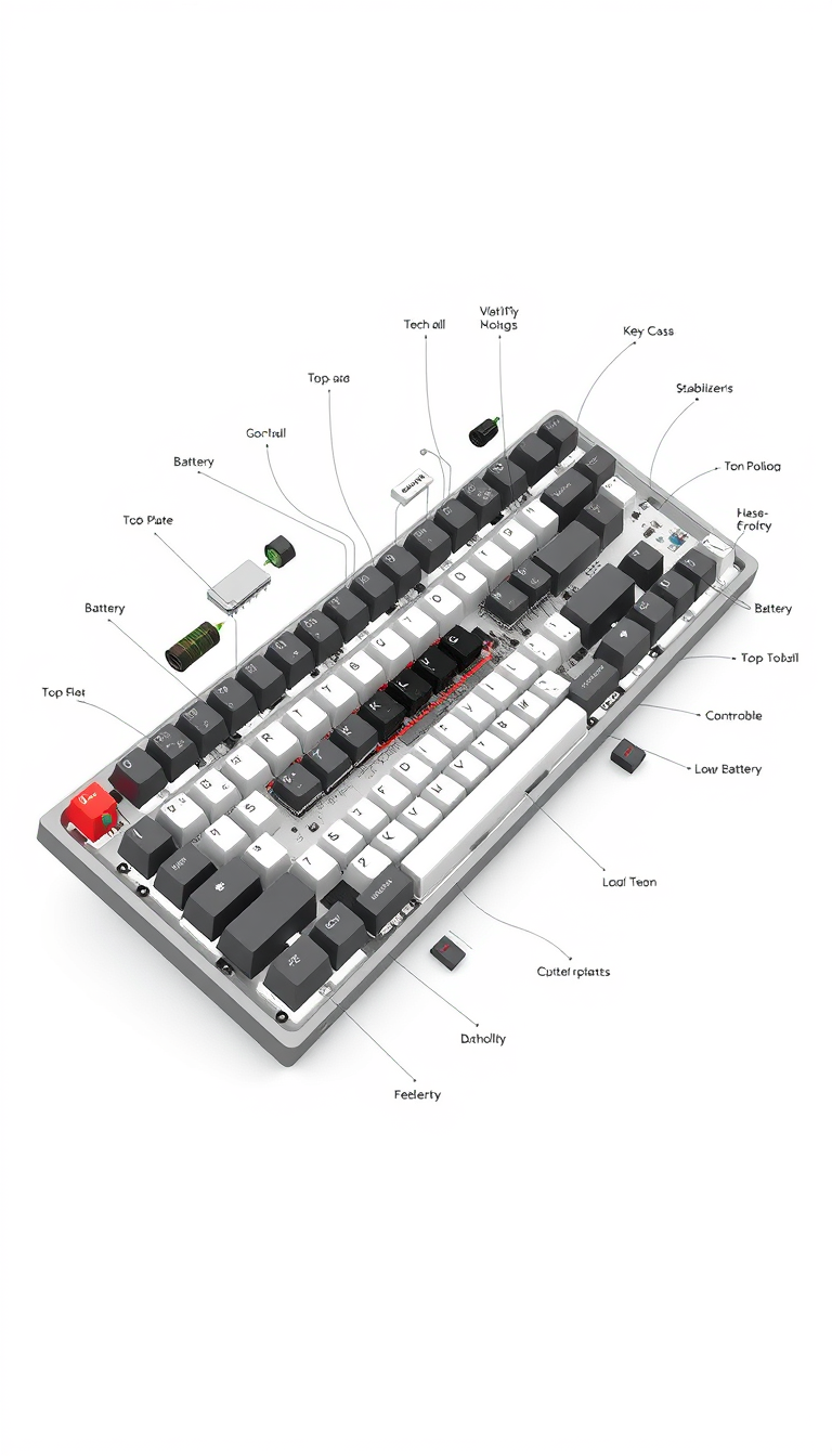 Main art studio: /explodedview Create a highly detailed 3D exploded-view technical illustration of a modern computer keyboard. Show the keyboard with all internal comp