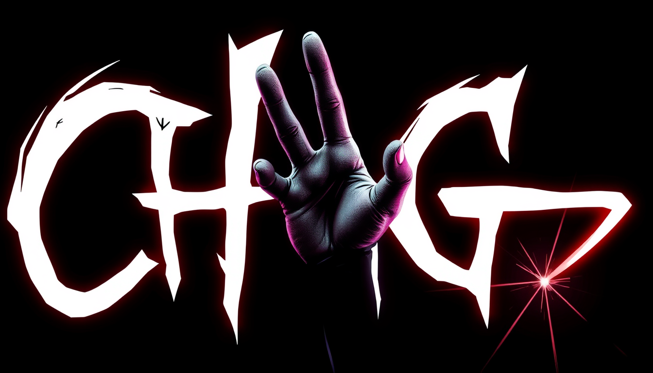 Main art studio: Schwarzer/dunkelvioletter Hintergrund + riesiges weißes „CHG“ mit Neonviolettem Rand + stylisierte verrückte Hand hinter dem „G“ + wenige Blitze. weni