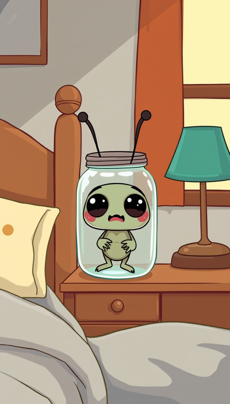AI Art prompt example created from the prompt: cartoon cute bugg looking ill in a mason jar on a nightstand in a bedroom