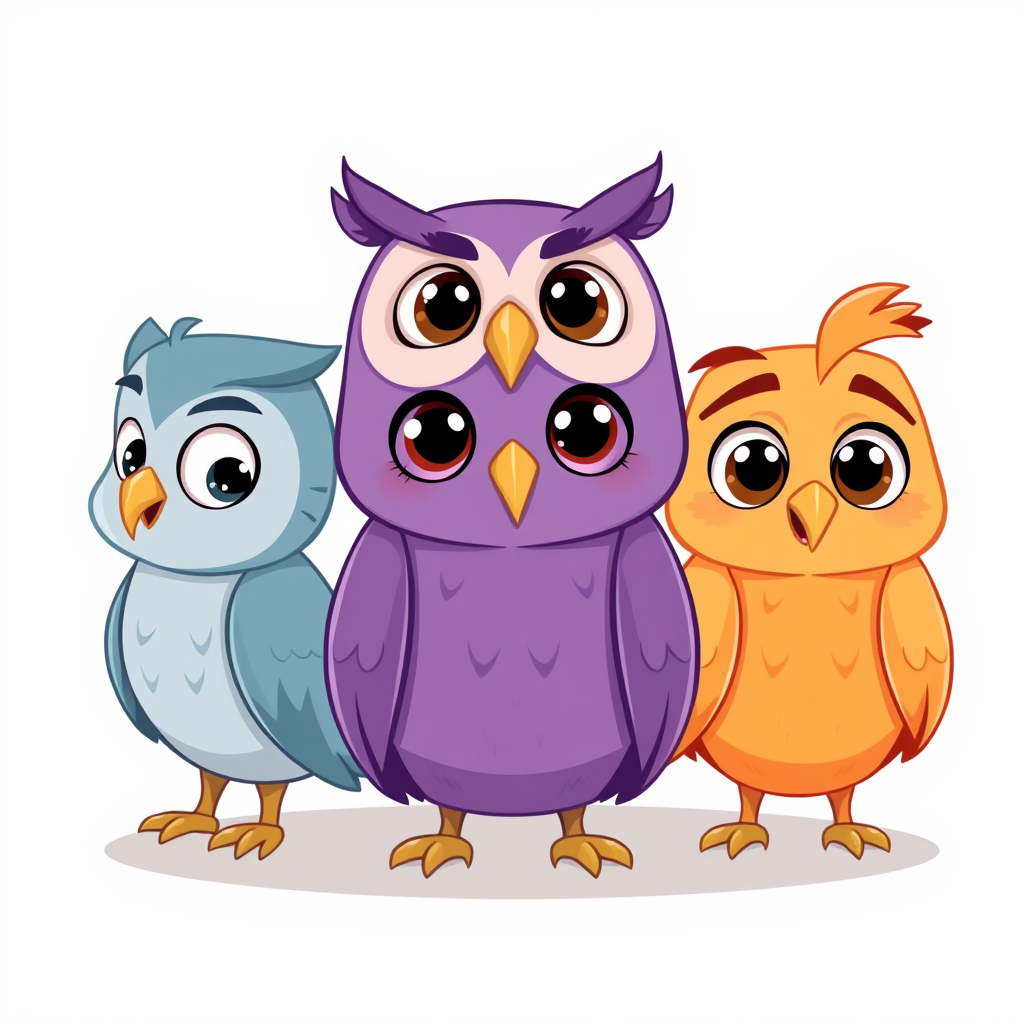 Main art studio: Exactly three cute cartoon owls with identical beak shape and size. All eyes fully open, lively and clearly visible. Left blue-gray: nervous posture,