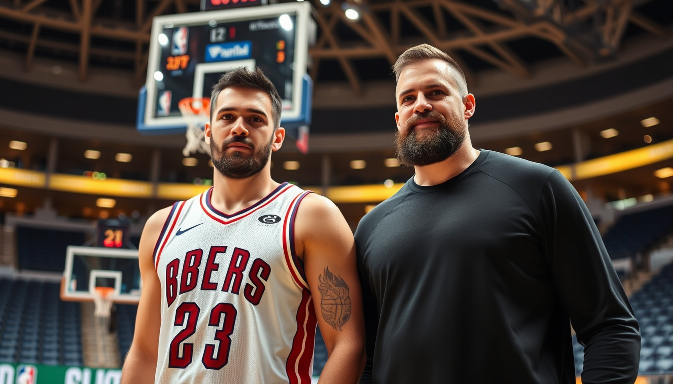 Main art studio: Olivier Rioux à 28 ans, basketteur professionnel, très grand et athlétique, avec une barbe courte et soignée. Il mesure environ 2,36 m et se tient à c