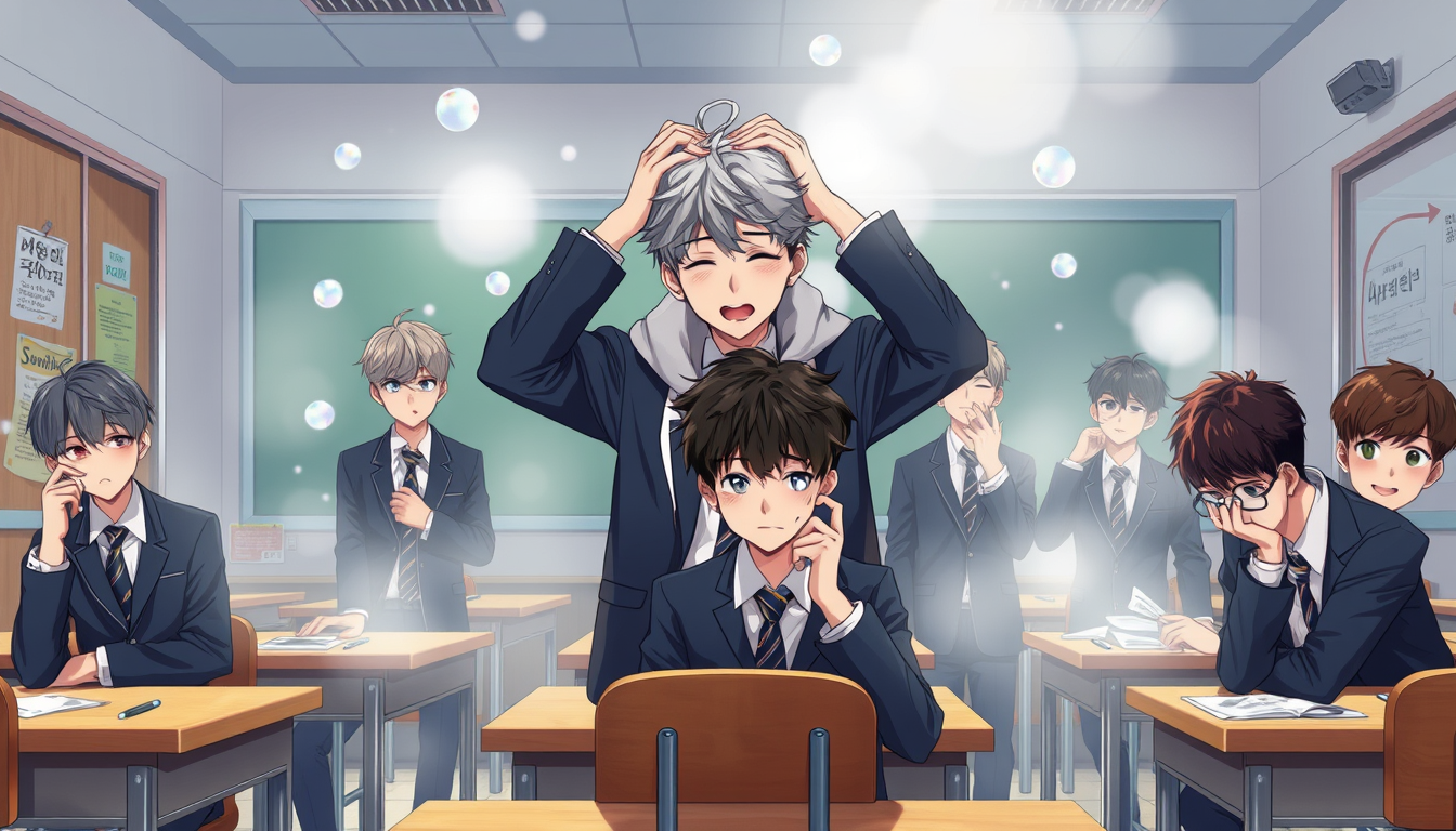 Anime idea created from the prompt: anime style, vibrant colors, expressive eyes, Cinematic 2D anime illustration, 16:9 landscape. Same Korean high school classroom after the h