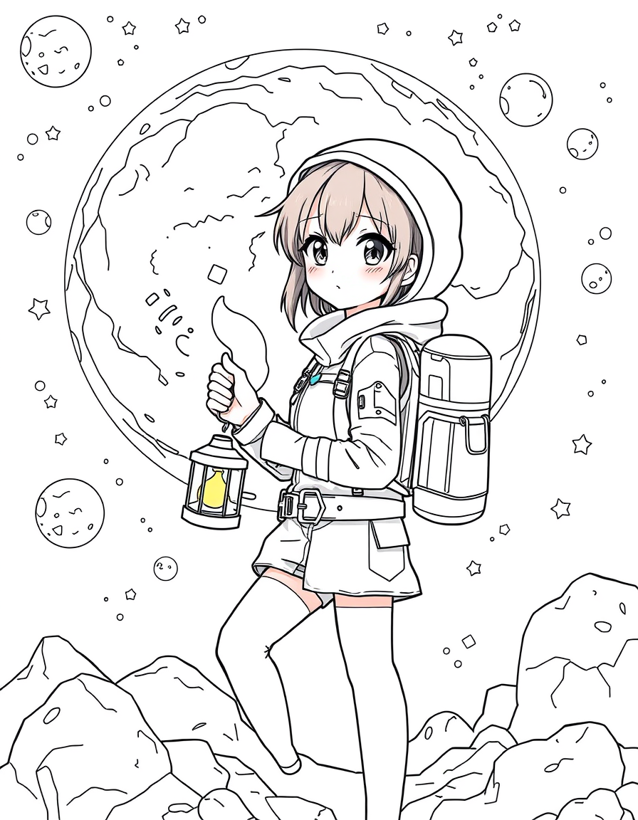 Anime idea: anime style, vibrant colors, expressive eyes, Anime coloring book page, original young female moon explorer, full body, space outfit, backpack and cre