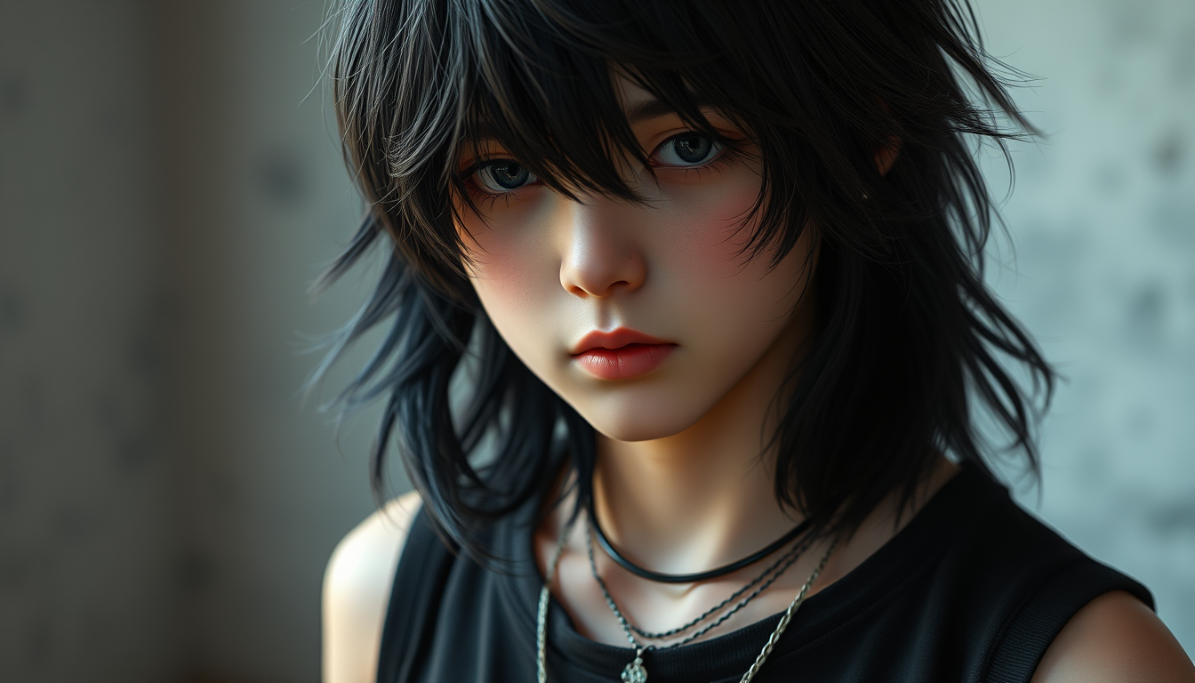 Realistic Images idea: photorealistic generated image, natural materials and skin texture, physically plausible lighting, A emo teenage boy with a soft face He has thick, lo