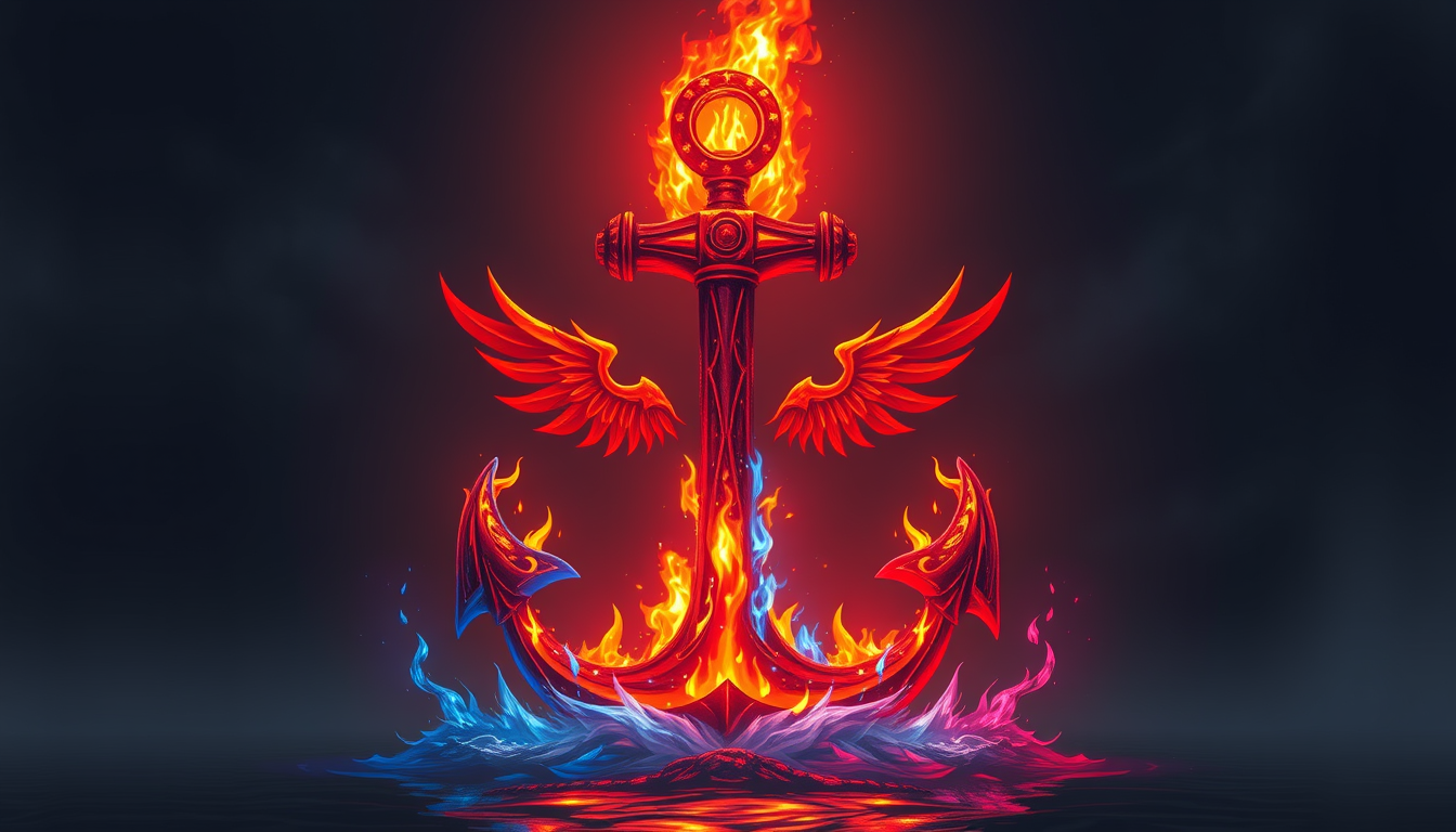 AI Art prompt example created from the prompt: can you make a flaming anchor whit red and blue falmes and both red and blue falmes has to burn