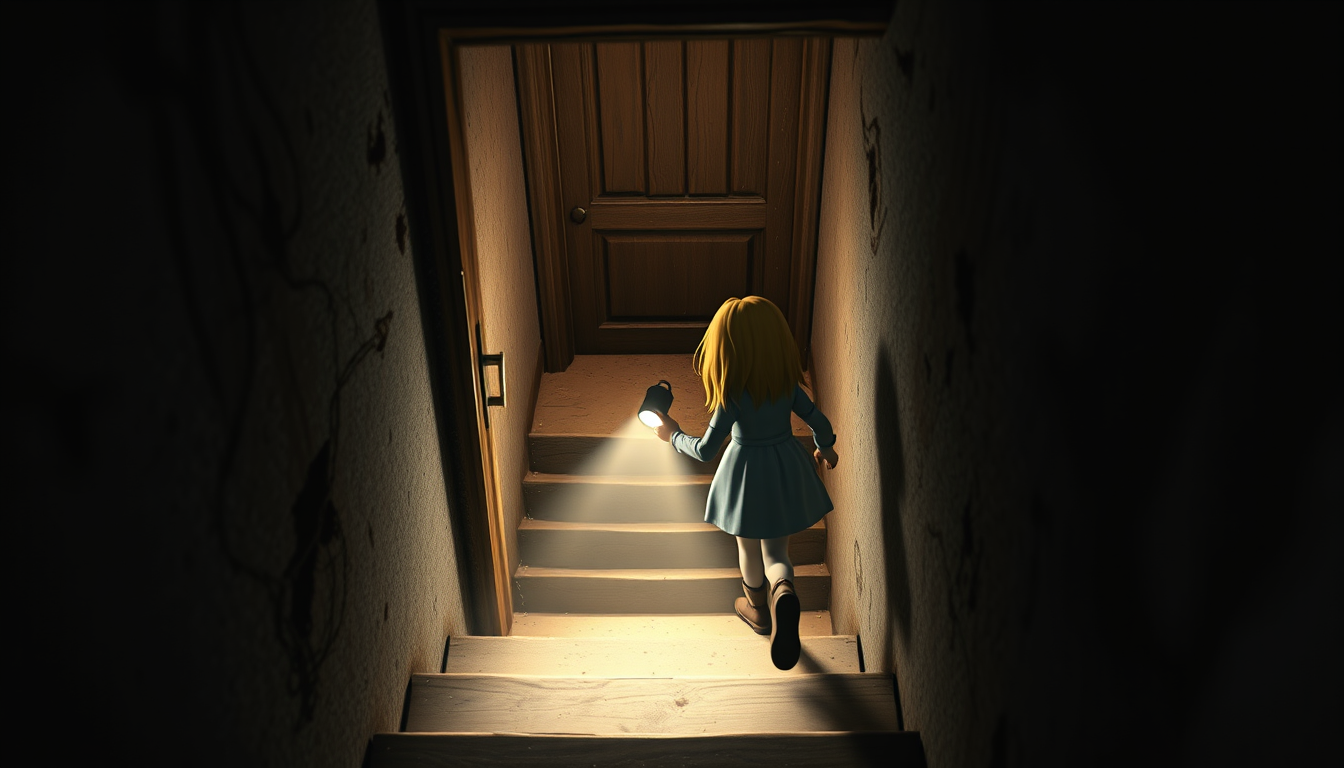 Main art studio: The Hidden StaircasePrompt:Emma carefully walking down an old narrow underground staircase behind the secret door, holding a flashlight in front of he