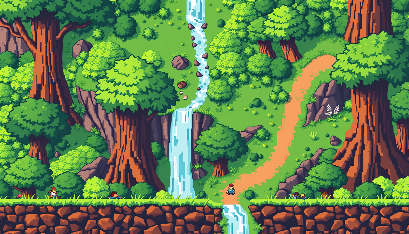 Pixel Art idea: pixel art, 32x32 sprite scale, limited palette, retro 16-bit game art, Paysage fantasy avec seulement quatre couleurs : beaucoup de vert, un peu de ro