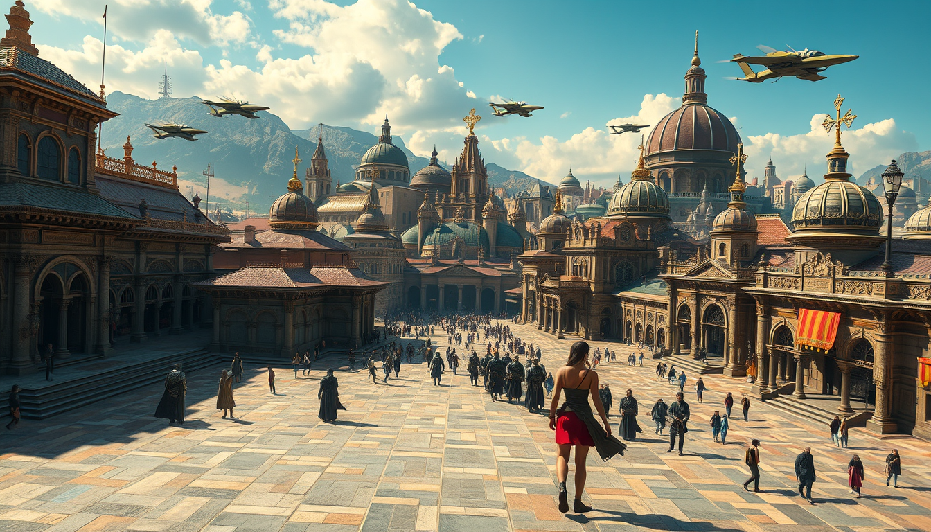 Main art studio: A vast, opulent medieval-futuristic city in late-afternoon sunlight. Multicolored precious stone paving, giant sequoias, Byzantine and Gothic building