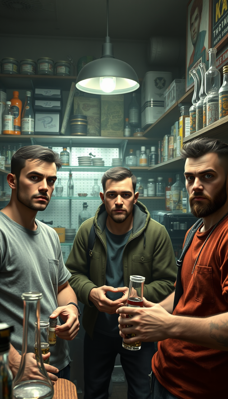 Main art studio: Three young adult men aged 25–35 hanging out in a typical smoke shop, surrounded by glass pipes, bongs, grinders, rolling papers, lighters, vape produ